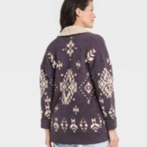 Knox Rose Geometric Print Open Front Comfy Cardigan in Coal